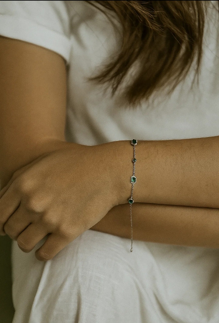 Stainless Steel Bracelet with Green Stones